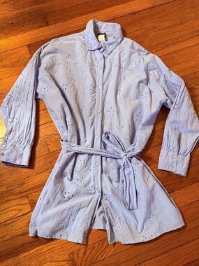 Calzedonia Blue Broderie Anglaise Cotton Shirt Dress S Belted Coastal